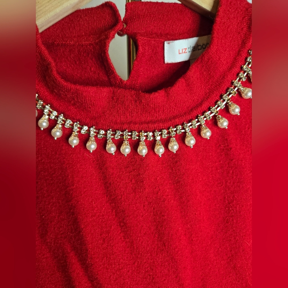 Liz Claiborne Red Embellished Crew Neck Pullover Sweater Size M - Picture 2 of 9